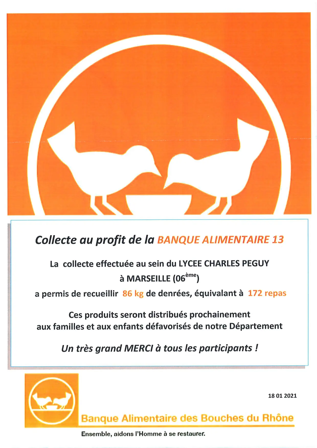 banque alimentaire: Affiche de remerciement au Lycée Charles Péguy à Marseille